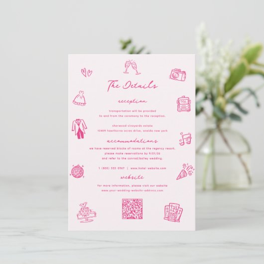 Whimsical Doodle Pink Wedding Details Card Einladung (Stehend Vorderseite)