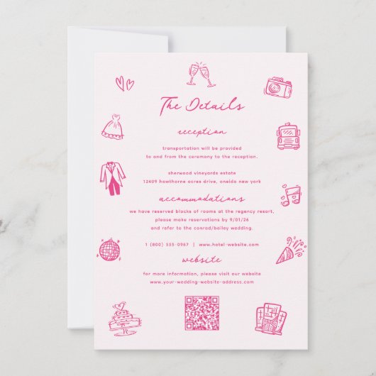 Whimsical Doodle Pink Wedding Details Card Einladung (Vorderseite)