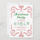 Whimsical Doodle Red and Green Christmas Party Einladung (Vorderseite)