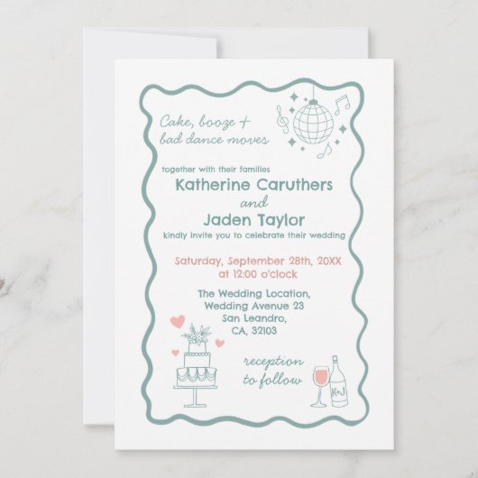 Whimsical doodle styled blue wedding Invitation Einladung (Vorderseite)
