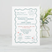 Whimsical doodle styled blue wedding Invitation Einladung (Stehend Vorderseite)