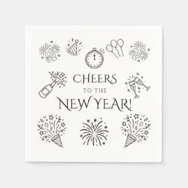 Whimsical Doodles Black Cheers to New Year Party Serviette