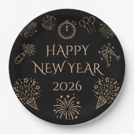 Whimsical Doodles Black Gold Happy New Year 2026 Pappteller