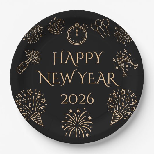 Whimsical Doodles Black Gold Happy New Year 2026 Pappteller (Vorderseite)