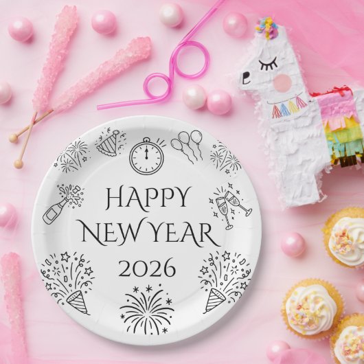 Whimsical Doodles Black Happy New Year 2026 Pappteller (Party)