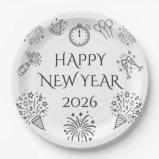 Whimsical Doodles Black Happy New Year 2026 Pappteller (Vorderseite)