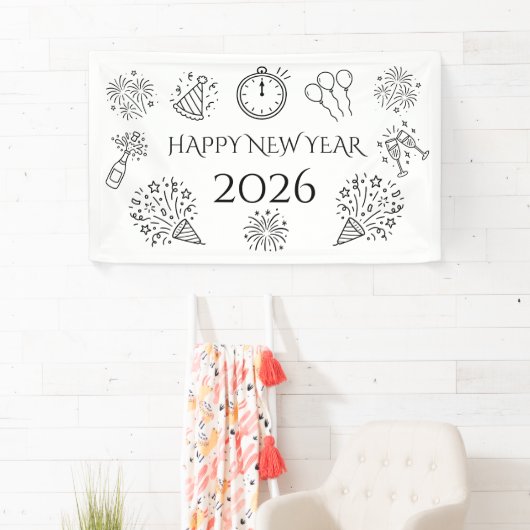 Whimsical Doodles Black Text Happy New Year 2026 Banner (Insitu)