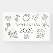 Whimsical Doodles Black Text Happy New Year 2026 Banner (Horizontal)