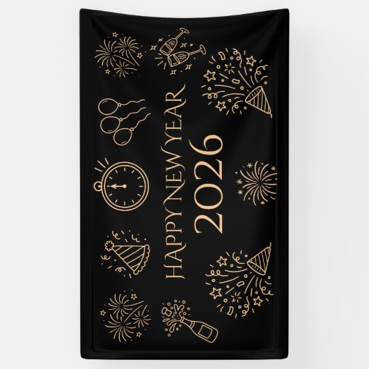 Whimsical Doodles Gold Black Happy New Year 2026 Banner (Vertikal)