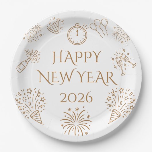 Whimsical Doodles Gold Happy New Year 2026 Pappteller (Vorderseite)
