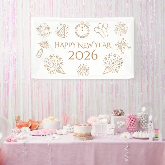 Whimsical Doodles Gold Text Happy New Year 2026 Banner (Party)