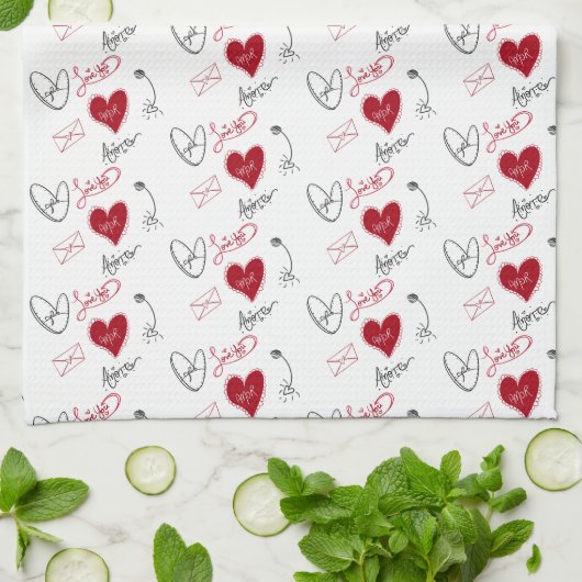 Whimsical Doodles Hand Drawn Valentines Day  Geschirrtuch (Gefaltet)