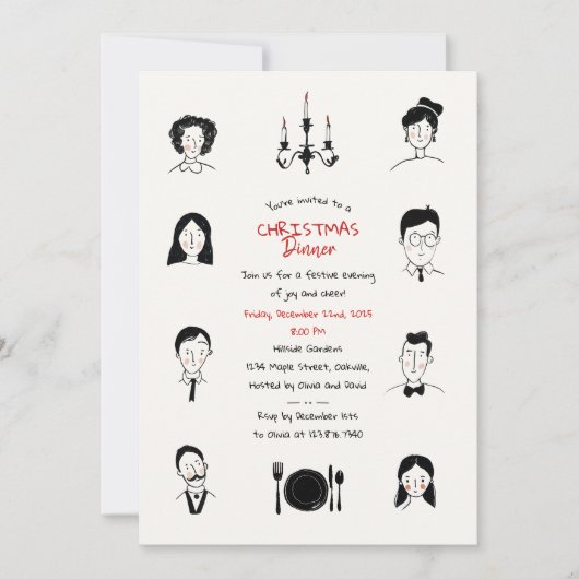Whimsical Doodles Portraits Weihnachtsessen Einladung (Vorderseite)