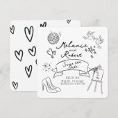 Whimsical Doodles Schwarz Weiß Save the Date Einladung (Vorne/Hinten)