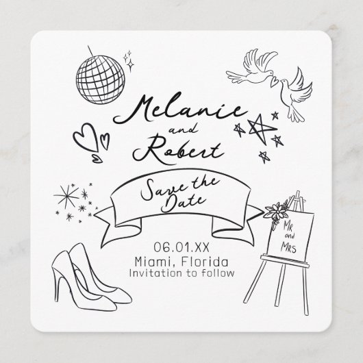 Whimsical Doodles Schwarz Weiß Save the Date Einladung (Vorderseite)