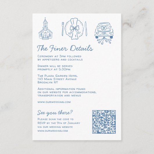 Whimsical Doodles Wedding Details UAWG QR Code Begleitkarte (Vorderseite)
