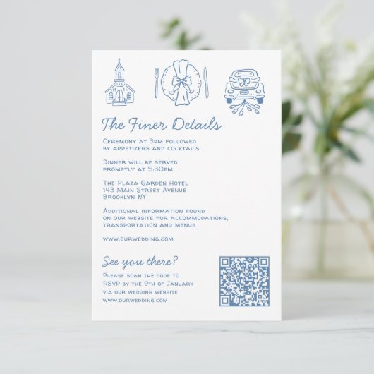 Whimsical Doodles Wedding Details UAWG QR Code Begleitkarte (Stehend Vorderseite)