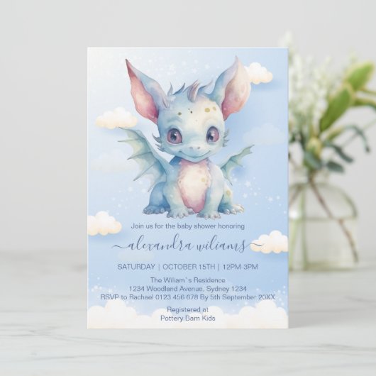 Whimsical Dragon Baby Boy Dusche Einladung (Stehend Vorderseite)