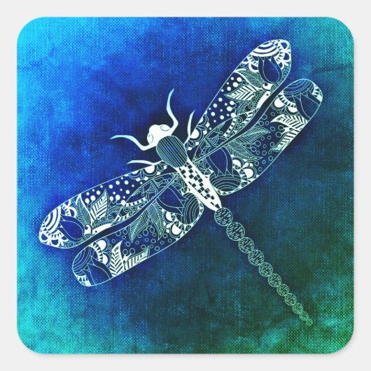 Whimsical Dragonfly Line Zeichnend Tattoo Art Quadratischer Aufkleber (Vorderseite)