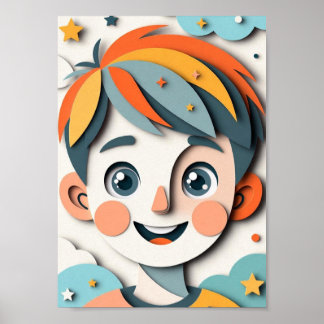 Whimsical Dream Boy in Layered Paper-Cut Style Poster