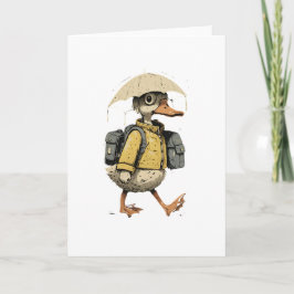 Whimsical Duck Walking in Rain Art Karte