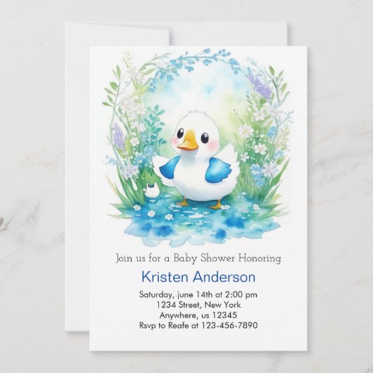 Whimsical Duckling Blue Floral Boy Baby Dusche Einladung (Vorderseite)