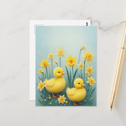 Whimsical Duckling Duo mit Affodien Postkarte (Vorderseite/Rückseite Beispiel)