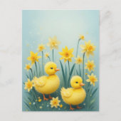 Whimsical Duckling Duo mit Affodien Postkarte (Vorderseite)