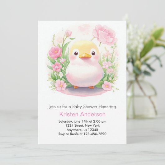 Whimsical Duckling Meadow Pink Girl Babydusche Einladung (Stehend Vorderseite)