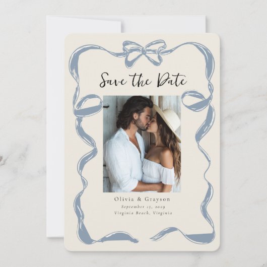 Whimsical Dusty Blue Bow Save the Date (Vorderseite)