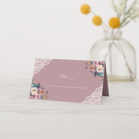 Whimsical Dusty Blue Dusty Rose Blume Platzkarte (Vorderseite)