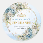 Whimsical Dusty Blue Gold Greenery Quinceañera Runder Aufkleber (Vorderseite)