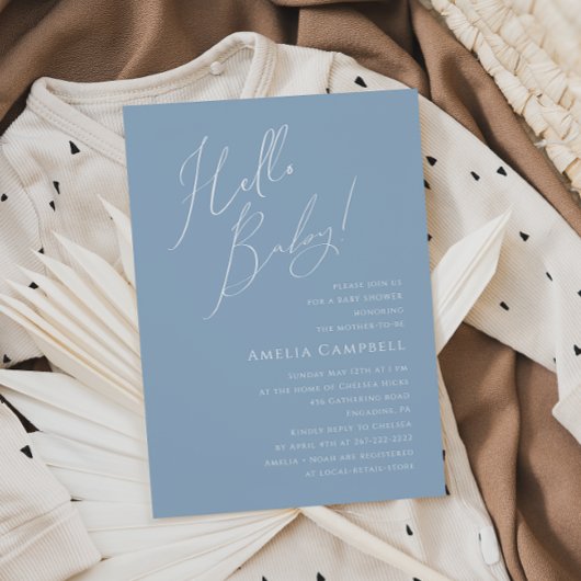Whimsical Dusty Blue Hello Baby! Babyparty Einladung