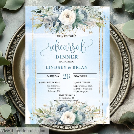 Whimsical Dusty Blue Peony Rehearsal Dinner Card Einladung