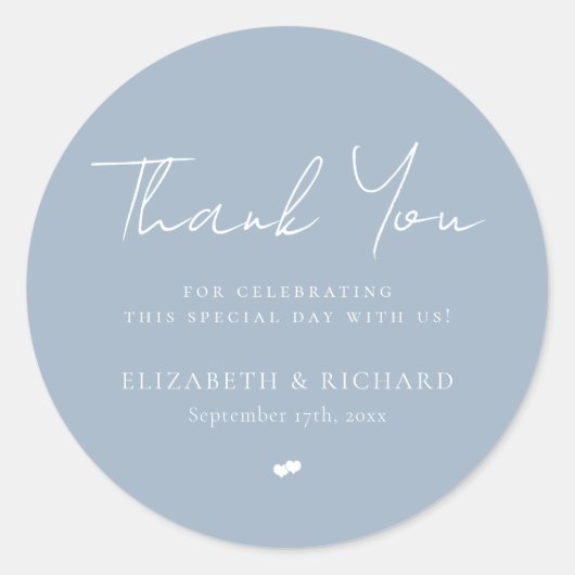 Whimsical Dusty Blue Script danke Ihnen Hochzeit Runder Aufkleber (Vorderseite)