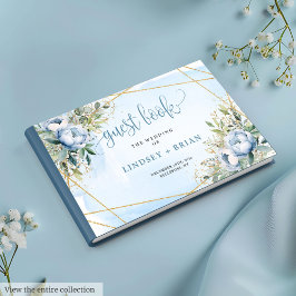 Whimsical Dusty Blue White Gold Peonies Gästebuch
