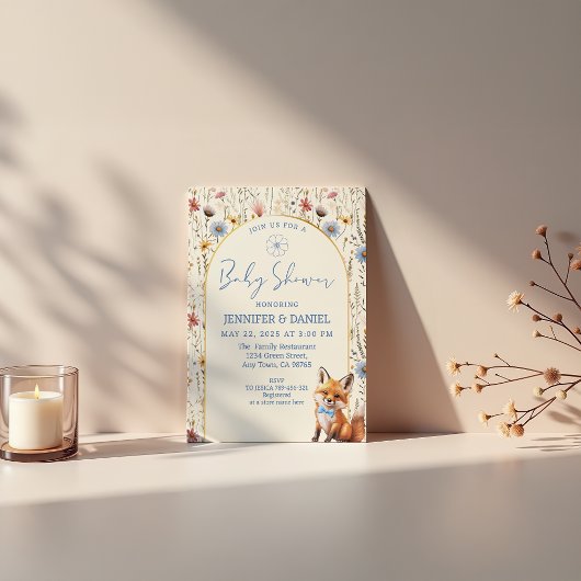 Whimsical Dusty Blue Woodland Fox Baby Dusche Einladung