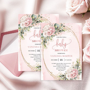 Whimsical Dusty Pink Blumen Eukalyptus Baby Shower Einladung