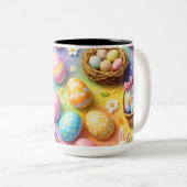 Whimsical Easter bunny and colourful egg pattern c Zweifarbige Tasse (VorderseiteRechts)