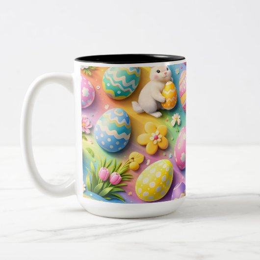 Whimsical Easter bunny and colourful egg pattern c Zweifarbige Tasse (Links)