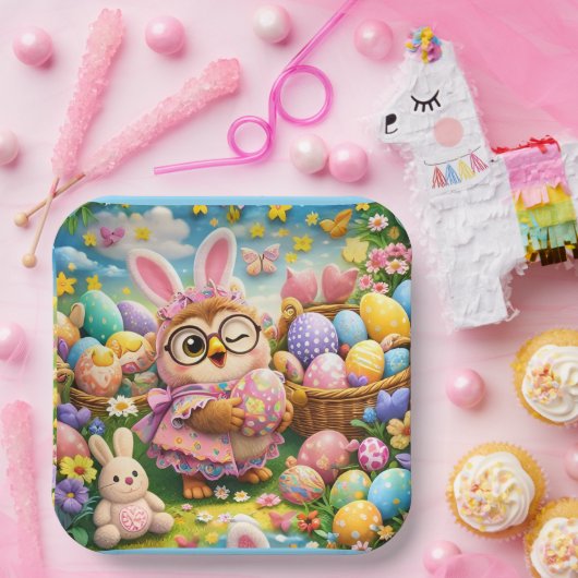Whimsical Easter bunny and colourful eggs Pappteller (Party)