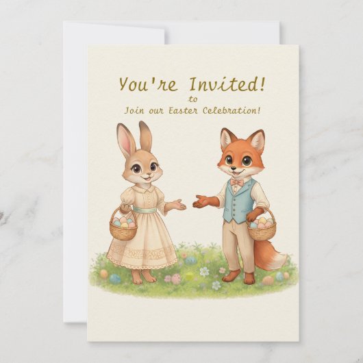 Whimsical Easter Bunny & Fox Party Invitation Einladung (Vorderseite)
