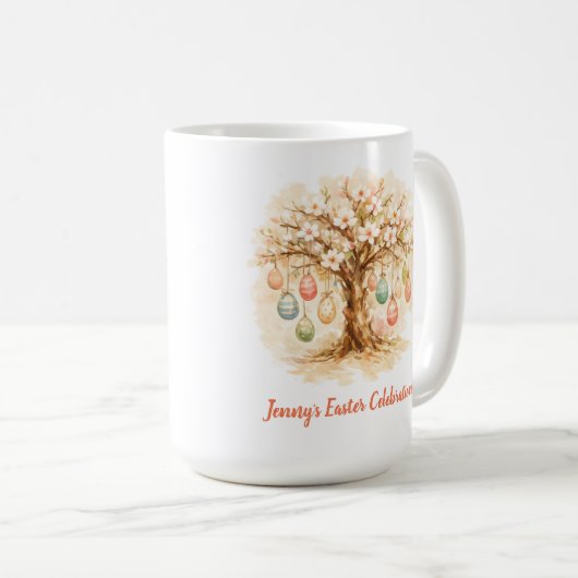 Whimsical Easter Mug with Blooming Tree and Eggs Kaffeetasse (VorderseiteRechts)