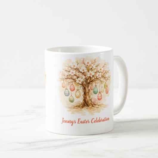 Whimsical Easter Mug with Blooming Tree and Eggs Kaffeetasse (VorderseiteRechts)