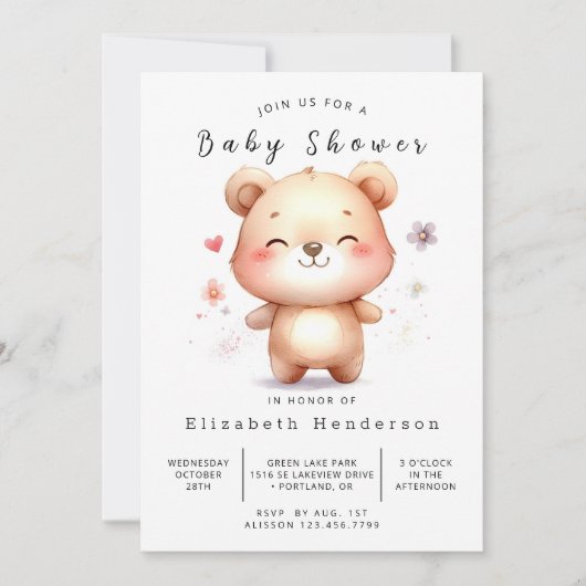 Whimsical Editable Bear Baby Dusche Einladung (Vorderseite)