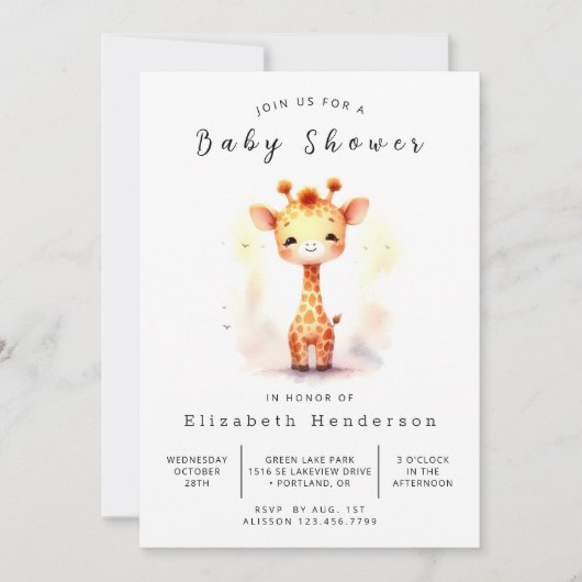 Whimsical Editable Giraffe Baby Dusche Einladung (Vorderseite)