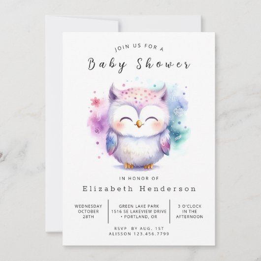 Whimsical Editable Owl Baby Dusche Einladung (Vorderseite)
