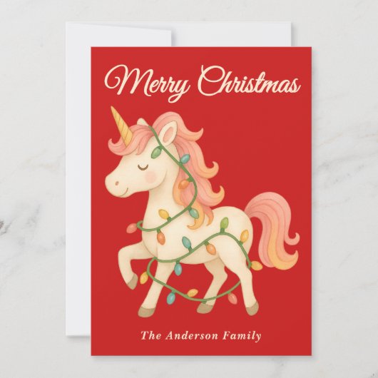 Whimsical Einhorn mit String Lights Weihnachten (Vorderseite)