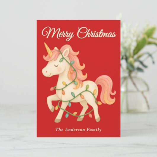 Whimsical Einhorn mit String Lights Weihnachten (Stehend Vorderseite)