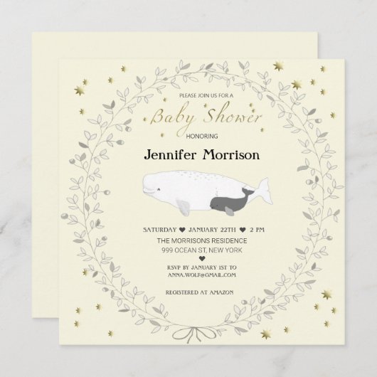 Whimsical Elegant Beluga Whale Baby Dusche Einladung (Vorne/Hinten)